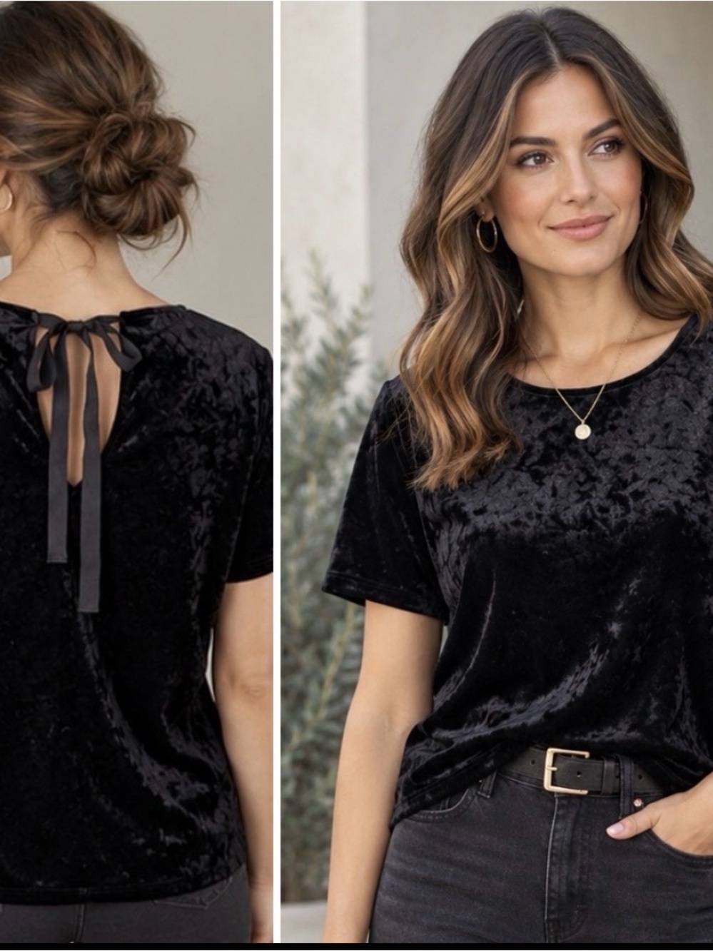 Black Crushed Velvet Tee Top Size 1X Tie Back Bow Keyhole holiday